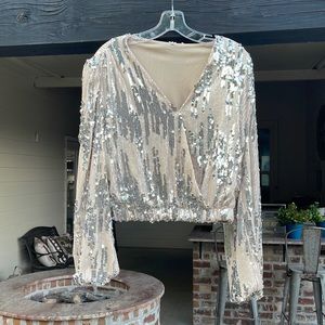Never worn sequined top. Champagne color with silver sequins